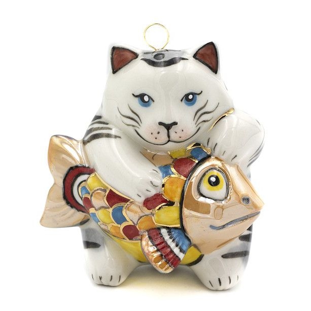 Ёлочная игрушка Котик с рыбкой Фарфоровая мануфактура | Фото 1
